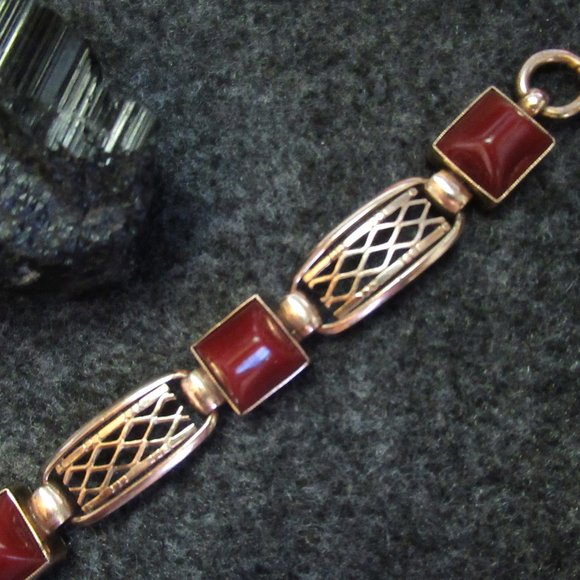 ANTIQUE Art Deco Bracelet | Carnelian Gold Panel Bracelet | Birmingham | Filigre - Picture 8 of 12